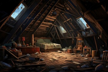 House wooden attic children room. Home abandoned dirty room construction. Generate Ai