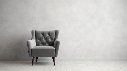 Grey armchair in empty room. Modern interior design with light empty mock up wall. generative ai