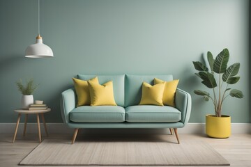 Cute mint loveseat sofa with yellow pillow against green wall with bookcase