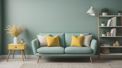 Cute mint loveseat sofa with yellow pillow against green wall with bookcase