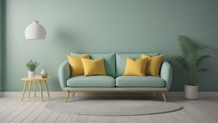 Blue sofa with orange pillows against grunge aged concrete wal