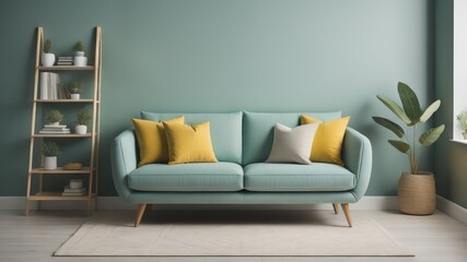 Cute mint loveseat sofa with yellow pillow against green wall with bookcase