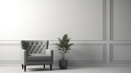 Grey armchair in empty room. Modern interior design with light empty mock up wall. generative ai