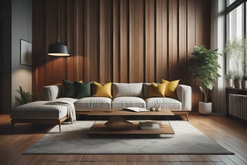 Interior design of modern apartment, yellow sofa in living room, dark green wall, wooden panelling, home