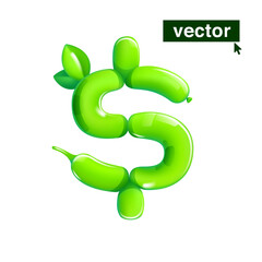 Dollar sign made of twisted balloons. Eco-friendly realistic 3D render with green leaves. Vector elements in cartoon style. Perfect for sale banner, healthy food labels, garden art, and grass adv.