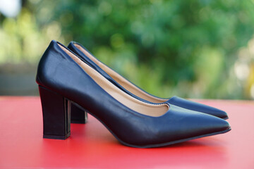Black leather high heel shoes for woman, outdoor background. Concept, fashionable and polite...