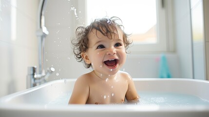 A baby happy bath time, a child laughing in bath tub and playing with water.