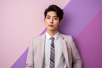 Korean Man in Office Wear Looking at the Camera Against a Purple Light Color Palette  Background.