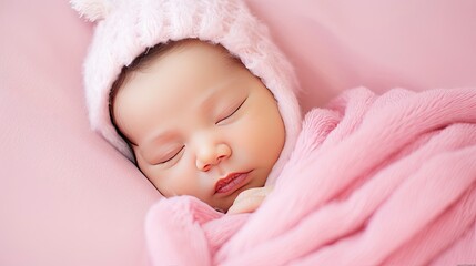 Newborn Baby Girl Sleeping on Pink Blanket. Peaceful Infant Nap.