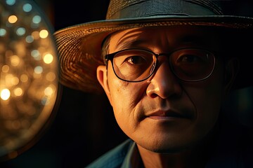 Middle-Aged Man in Glasses with Traditional Japanese Straw Hat.