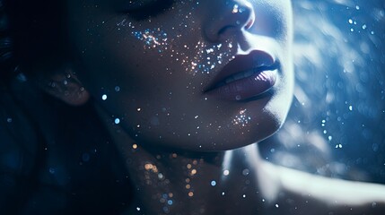 Dark Romantic. Close-Up Shots of a Woman in Blue Iridescent Style.
