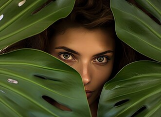 Young Woman Playfully Hiding Behind Large Monstera Leaf.