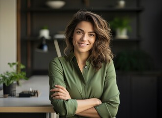 Smiling Businesswoman with Folded Arms in Office.