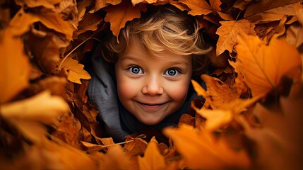 Little Boy Cover in Autumn Leaves and Shadows.