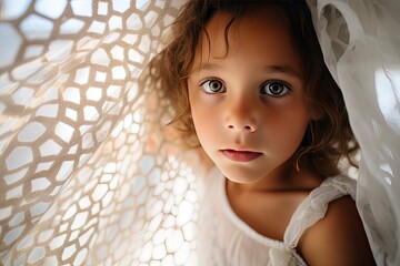 Girl Gazing Upward Through a Sheer White Net Fabric.