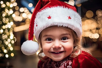 Little Girl in Santa Claus Costume Against a Bokeh Background.