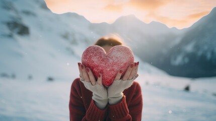 A woman holds a heart shape of snow up against the mountains.