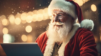 Santa Claus Working on Laptop with Festive Lights in the Background.