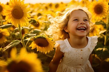 Little Girl Playing in a Sunflower Field.