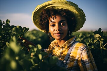An African Woman in a hat with A Green background.