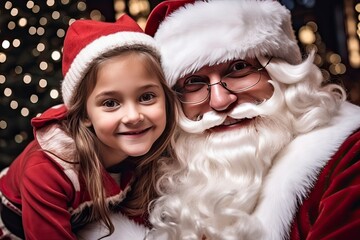 Santa Claus and Little Girl Taking a Selfie Against a Bokeh Background.