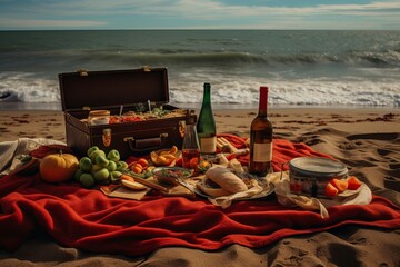 Beach food picnic with wooden box. Sea sunset meal party. Generate Ai