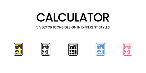 Calculator Icon Design in Five style with Editable Stroke. Line, Solid, Flat Line, Duo Tone Color, and Color Gradient Line. Suitable for Web Page, Mobile App, UI, UX and GUI design.