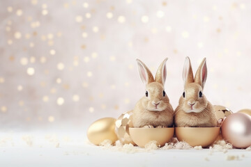 Fototapeta na wymiar Charming Easter Bunny Among Golden Decorative Eggs and Glitter