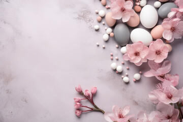 Artistic Easter Eggs Arrangement with Cherry Blossoms on Textured Background