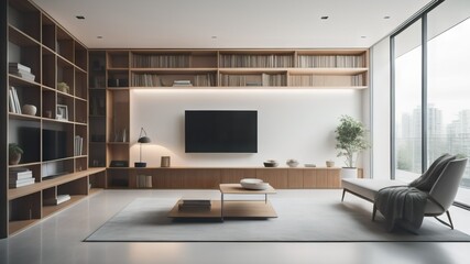 Minimalist interior design of modern living room with shelving unit