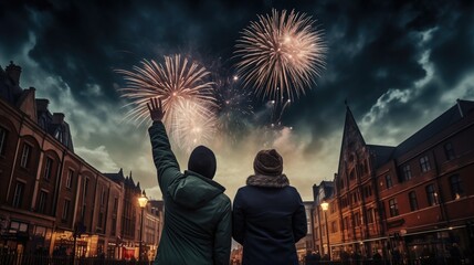 romance couple with fireworks over the city - obrazy, fototapety, plakaty