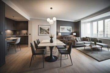 Modern interior of apartment, dining room with table and chairs, living room with sofa, hall