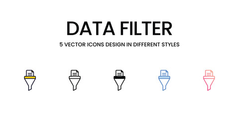 Data Filter Icon Design in Five style with Editable Stroke. Line, Solid, Flat Line, Duo Tone Color, and Color Gradient Line. Suitable for Web Page, Mobile App, UI, UX and GUI design.