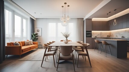Fototapeta premium Modern interior of apartment, dining room with table and chairs, living room with sofa, hall