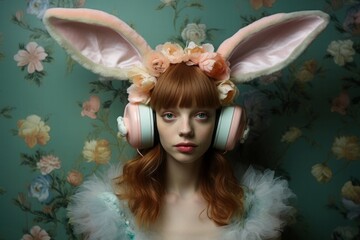 Girl with border bunny ears. Face cheerful woman vision focus. Generate Ai © nsit0108