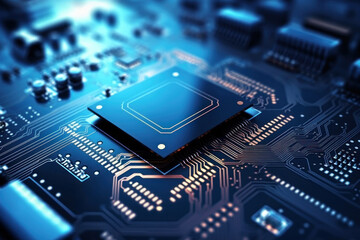 A powerful computer processor or chip on a motherboard. Modern technologies. Blue background. Development of computer technologies.