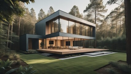 Modern small minimalist cubic house with big windows, terrace and landscaping design front yard. Residential architecture exterior in forest
