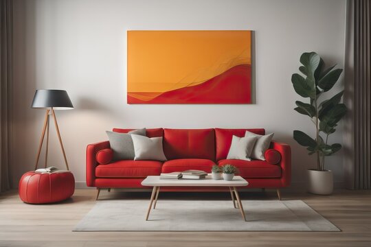 Modern interior of living room with red sofa