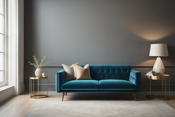 Velvet loveseat sofa near beige blank wall with copy space. Minimalist home interior design of modern living room - obrazy, fototapety, plakaty