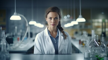 a female scientist in a lab coat standing in front of a counter
