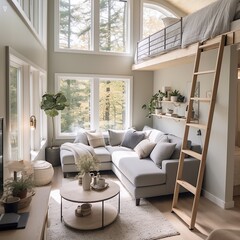 Spacious loft-style living area with high ceilings and a cozy mezzanine bed in a bright, airy setting - obrazy, fototapety, plakaty