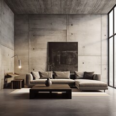 Minimalist living room with stark concrete walls and a mysterious abstract canvas adding depth to the space