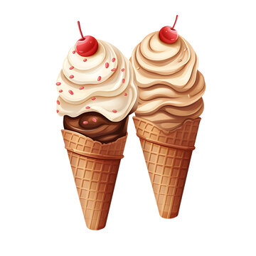 Swirled caramel, chocolate and vanilla ice creams in a cone with a cherry on top.