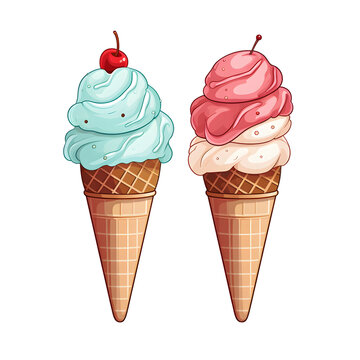 Swirled mint blue and vanilla ice creams in a cone with a cherry on top.