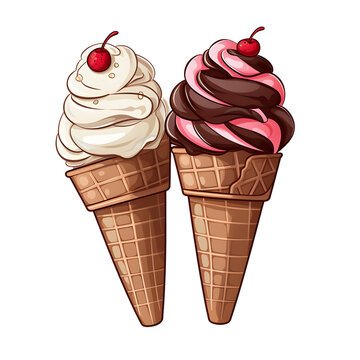 Swirled pink, chocolate and vanilla ice cream in a cone with a cherry on top.
