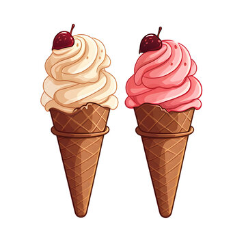 Swirled pink and vanilla ice cream in a cone with a cherry on top.