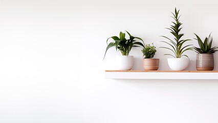 a row of potted plants sitting on top of a wooden shelf - obrazy, fototapety, plakaty