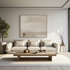 Sophisticated living space with neutral tones, comfy sofa, and minimalist art, promoting a calm atmosphere