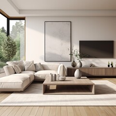 Spacious living room featuring a contemporary design with neutral tones and streamlined furniture