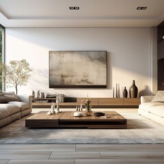 Exquisitely designed living room with a richly textured painting, premium furniture, and wooden elements